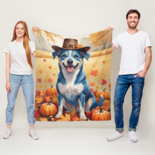 Blue Heeler i höstlöv Thanksgiving-konst Fleecefilt