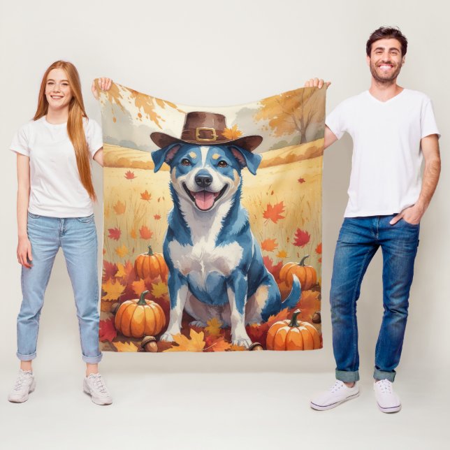 Blue Heeler i höstlöv Thanksgiving-konst Fleecefilt (På plats)
