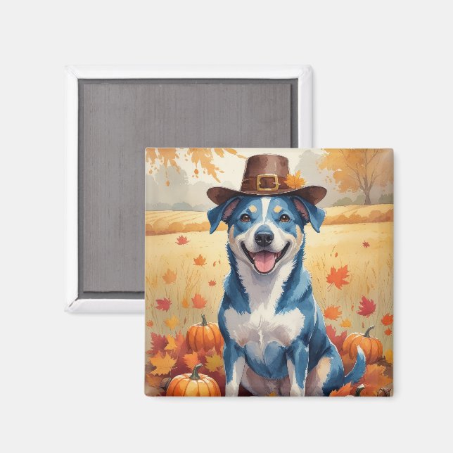 Blue Heeler i höstlöv Thanksgiving-konst Magnet (Front/Back)