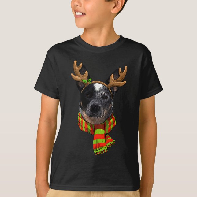 Blue Heeler jul Julafton Reindeer Pet Hund älskare T Shirt (Framsida)