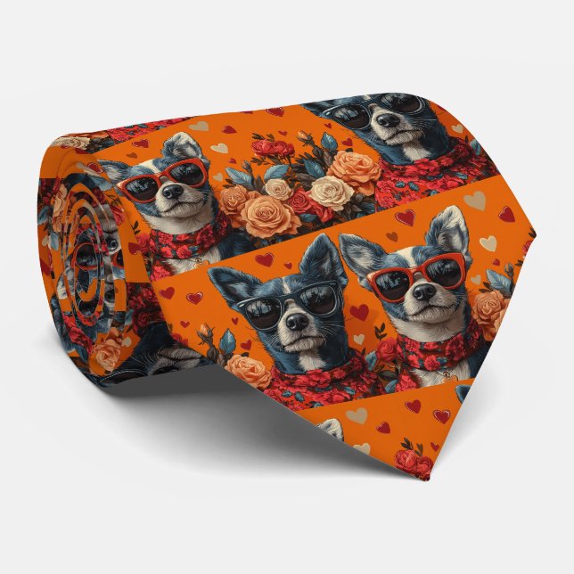 Blue Heeler Med Hjärtrosor Alla Hjärtans Dag Slips (Rullad)