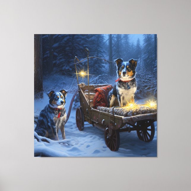 Blue Heeler Snowy Sleigh-juldekretet Canvastryck (Framsida)