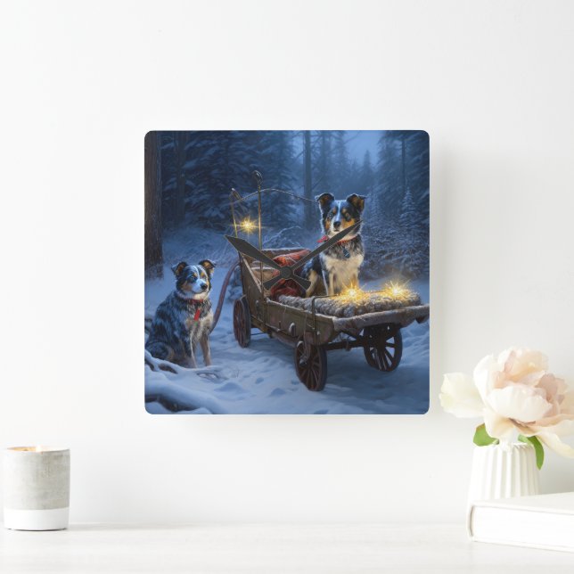 Blue Heeler Snowy Sleigh-juldekretet Fyrkantig Klocka (Hem)