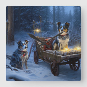 Blue Heeler Snowy Sleigh-juldekretet Fyrkantig Klocka