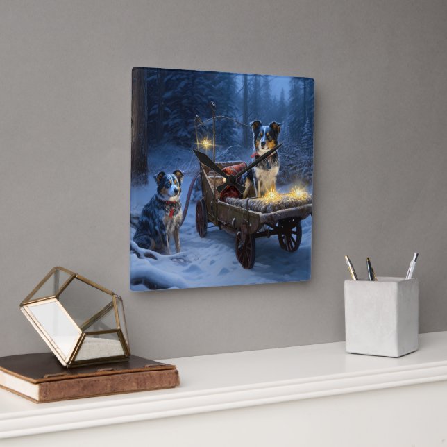 Blue Heeler Snowy Sleigh-juldekretet Fyrkantig Klocka (Kontor)