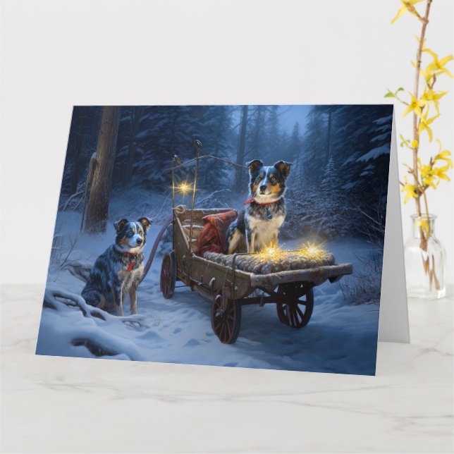 Blue Heeler Snowy Sleigh-juldekretet Kort (Gul blomma)