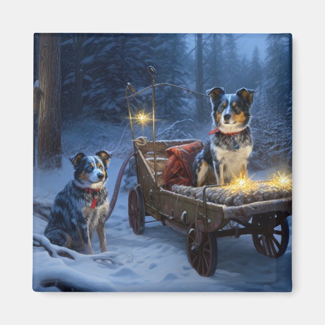Blue Heeler Snowy Sleigh-juldekretet Magnet (Framsidan)