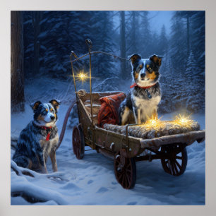 Blue Heeler Snowy Sleigh-juldekretet Poster