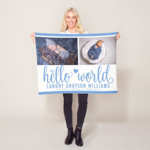 Blue Hej World Monogram Baby Stat Fleecefilt