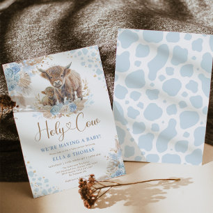 Blue Heliga Cow Boho Pampas Boy Shower Inbjudningar