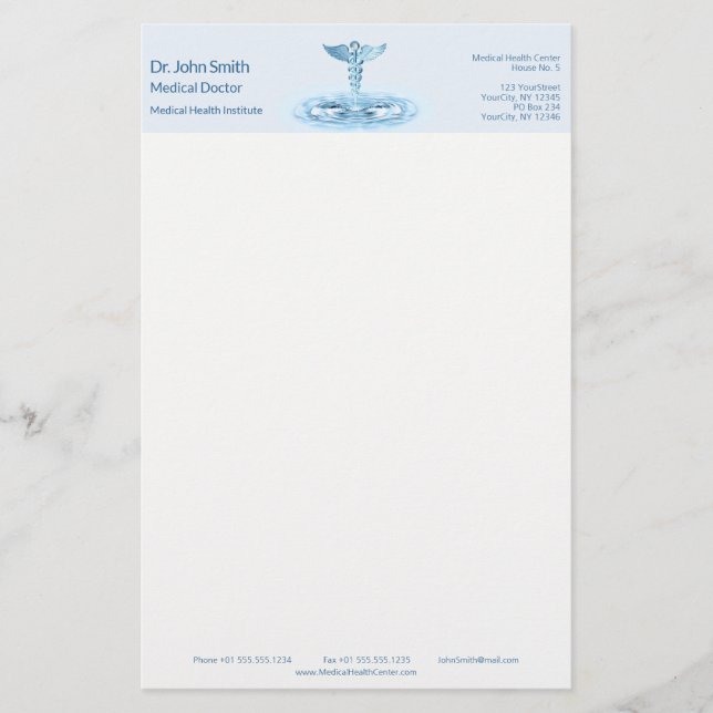Blue Hermes Rod Caduceus Vatten Ripples Medical Brevpapper (Framsida)