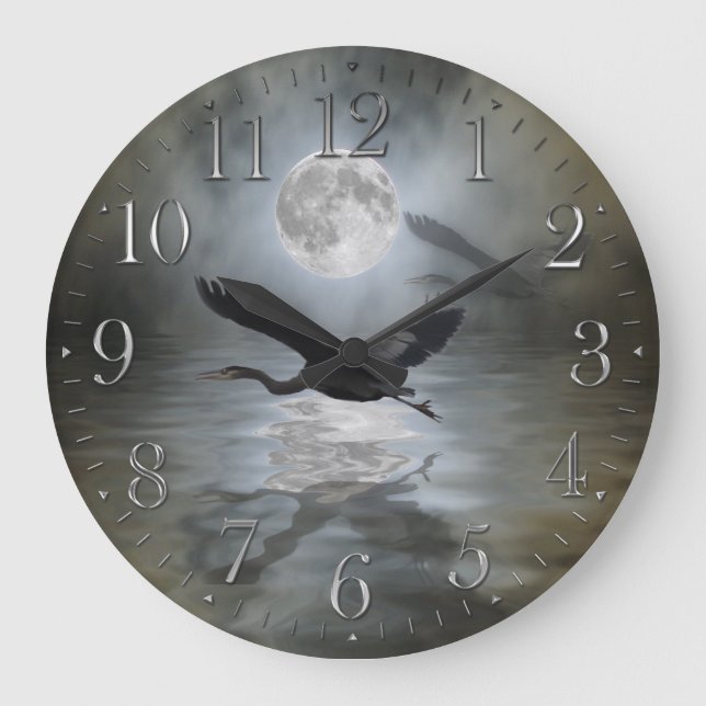 Blue Heron & Måne Wildlife Fantasy Wall Clock Stor Klocka (Framsida)