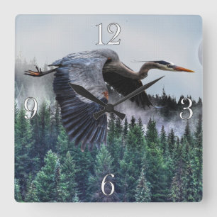 Blue Heron & Misty Forest Wildlife Fyrkantig Klocka