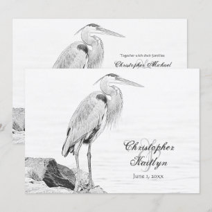 Blue Heron och Sten, Vatten Bird Sketch Bröllop Inbjudningar