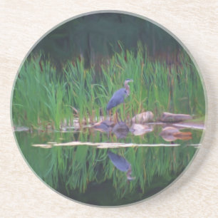 Blue Heron Pond Reflection Animal Underlägg Sandsten