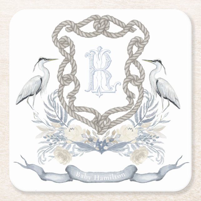 Blue Heron Rope Monogram Crest Underlägg Papper Kvadrat (Framsidan)