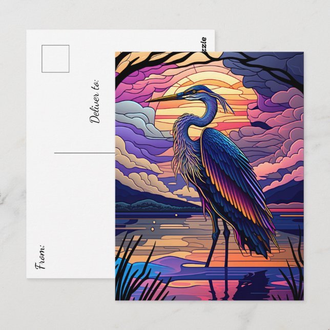Blue Heron vid Sunset Vykort (Fram/baksida)