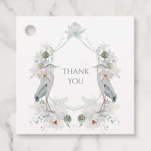 Blue Heron Waterfowl White Blommigt Etheral Bröllo Gåvor Etiketter (Framsida)