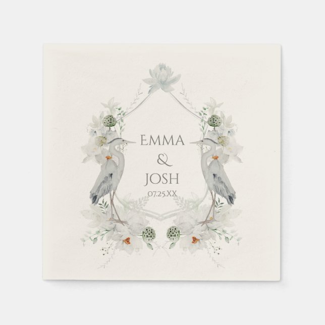 Blue Heron Waterfowl White Blommigt Etheral Bröllo Pappersservett (Framsidan)