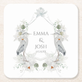 Blue Heron Waterfowl White Blommigt Etheral Bröllo Underlägg Papper Kvadrat