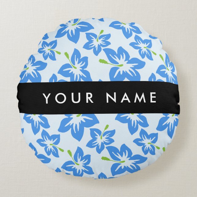 Blue Hibiscus, Blåa blommor, ditt namn Rund Kudde (Framsidan)