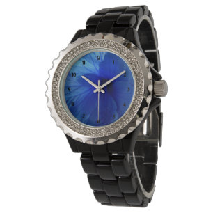 Blue Hibiscus Flower Rhinestone Black Enamel Watch Armbandsur
