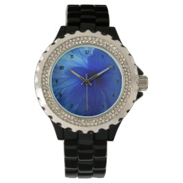 Blue Hibiscus Flower Rhinestone Black Enamel Watch Armbandsur
