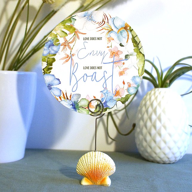 Blue Hibiscus Grönt Banana Löv Sign Inbjudningar (love does not envy love does not boast wedding table top sign blue tropical hibiscus flowers)