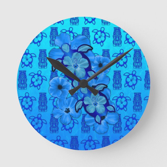 Blue Hibiscus Honu Turtles Tiki Rund Klocka (Framsida)