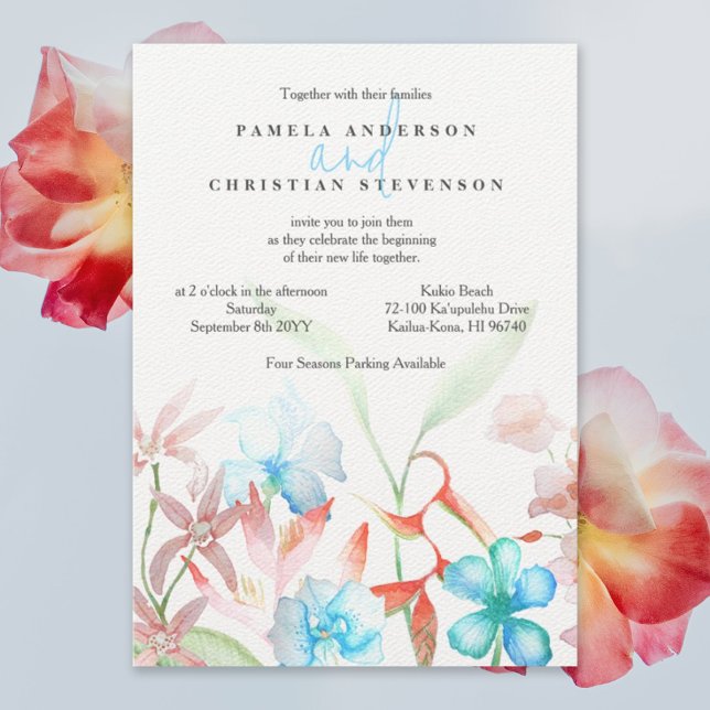 Blue Hibiscus, Orange Heliconia Flowers Bröllop Inbjudningar (tropical orange heliconia wedding invitation with blue hibiscus and pink gardenia flowers)