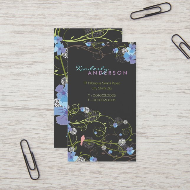 Blue Hibiscus Sväljer Birds Elegant Blommigt Garde Visitkort (Fram/Back In Situ)