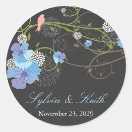 Blue Hibiscus Swirls & Sväljer Blommigt Bröllop Runt Klistermärke