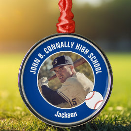 Blue High School Baseball Player Photo Christmas Julgransprydnad Metall