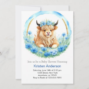 Blue Highland Cow Äventyr Boy Shower Inbjudningar