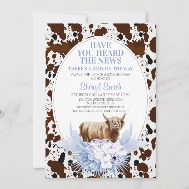 Blue Highland Cow Boho Blommigt Baby Shower Inbjudningar (Framsida)
