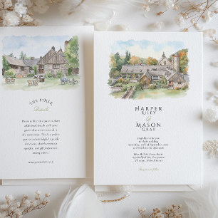 Blue Hill at Stone Barns Watercolor Bröllop Inbjudningar
