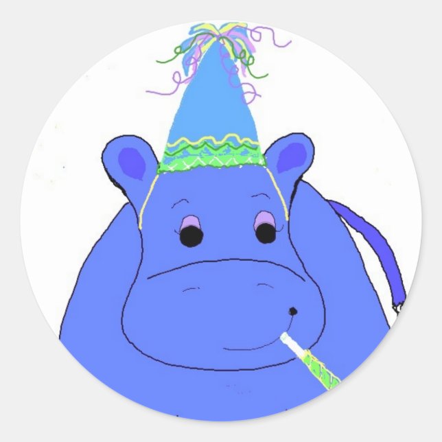 Blue Hippo Birthday Runt Klistermärke (Framsida)