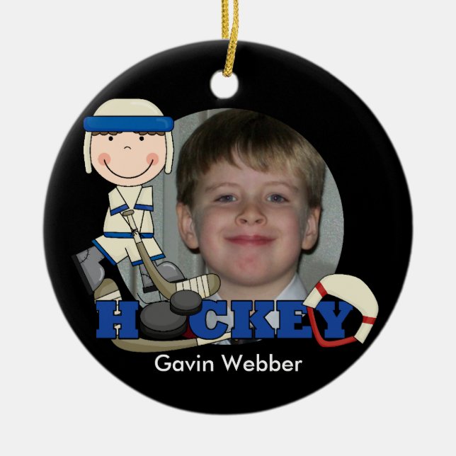 Blue Hockey Player Photo Ornament (Framsidan)
