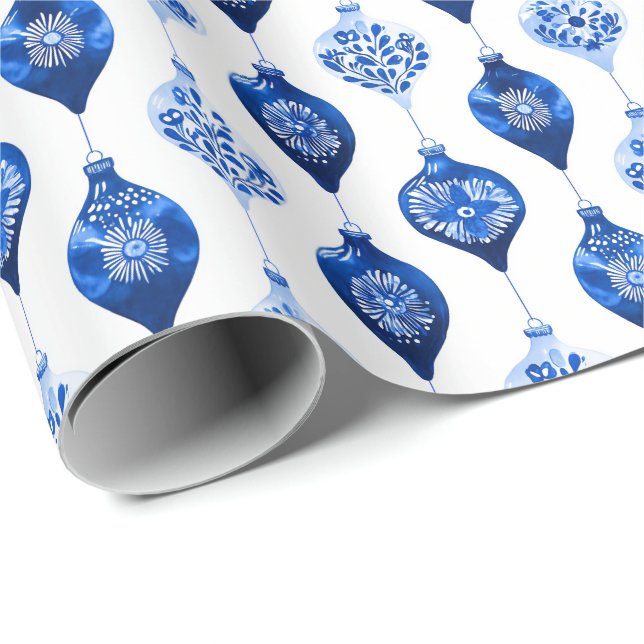 Blue Holiday Ornament Pattern Presentpapper (Rullad Hörn)