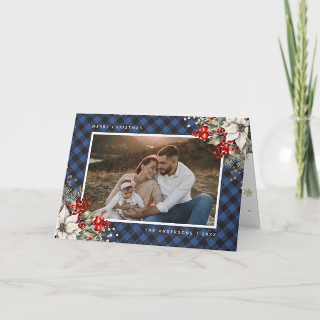 Blue Holly Berries Poinsettia Photo Christmas Kort (Framsida)