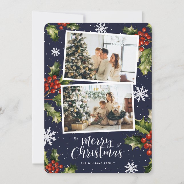 Blue Holly Berries Snöflingor Photo jul Card Julkort (Framsida)