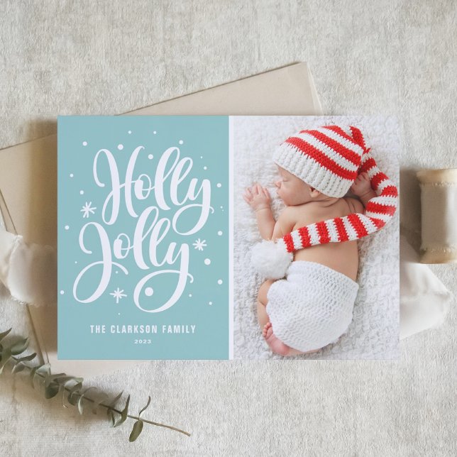 Blue Holly Jolly Hand Lettering Baby Photo Julkort (Skapare uppladdad)