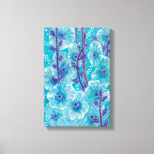 Blue Hollyhock Mallow Malva Flower Blommigt Painti Canvastryck