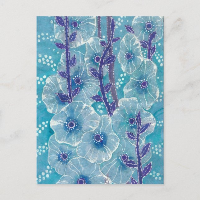 Blue Hollyhock Mallow Malva Flower Blommigt Painti Vykort (Framsida)