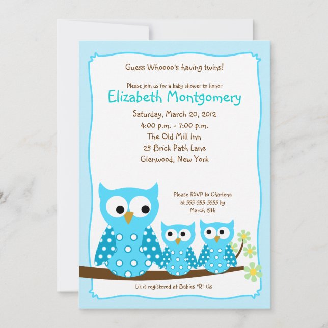 BLUE HOOT UGGLA TWILLINGAR 5x7 Babybildsinbjudan Inbjudningar (Framsida)