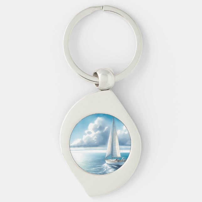 Blue Horizon Solitary Sailboat Swirl Silverfärgad Nyckelring (Framsidan)