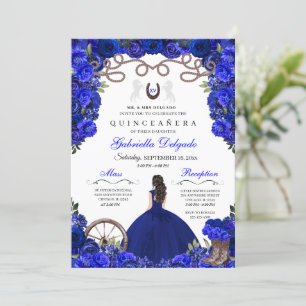 Blue Horseshoe Western Charra Blommigt Quinceanera Inbjudningar