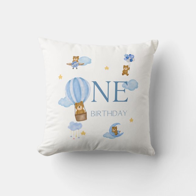 Blue Hot Air Balloon Bear 1st Birthday Baby T-Shir Kudde (Framsida)