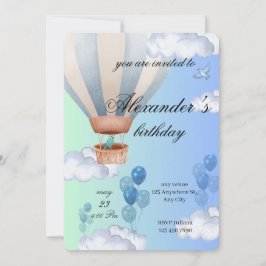Blue Hot Air Balloon Boy Birthday Invitation Inbjudningar