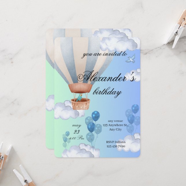 Blue Hot Air Balloon Boy Birthday Invitation  Inbjudningar (Fram/Back In Situ)